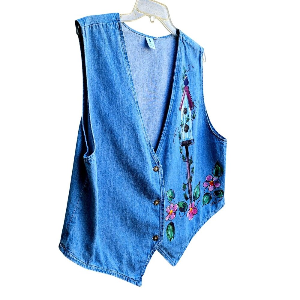 Vintage 80s Hand Painted Denim Vest XXL Plus Size Cottage Prairie Birds - Picture 3 of 11